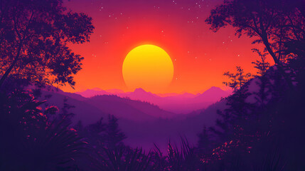 Vibrant Sunset Over Mountain Landscape with Silhouetted Trees