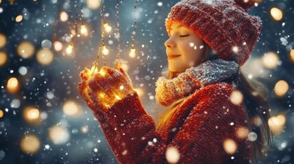 Girl in Red Sweater Hanging Christmas Lights in Cozy Winter Scene with Snowflakes and Warm Bokeh