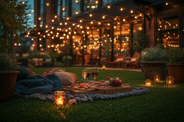 Naklejka premium Romantic evening picnic under string lights. Generative AI