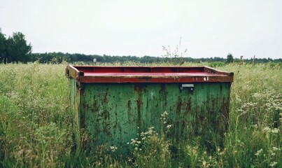 Green metal dumpster with red plastic lid in an overgrown field, farm equipment, junkyard, green bin
