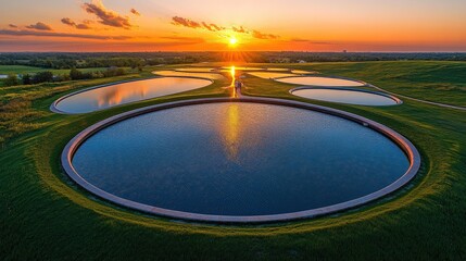 Stunning Sunset Over Circular Water Reservoirs in Expansive Green Landscape with Tranquil Sky and Reflections, Capturing Nature's Beauty and Serenity