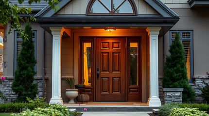 Fototapeta premium Elegant Home Entrance at Night: Modern Architecture and Landscaping Design