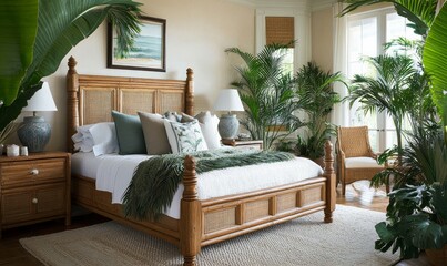 Serene Tropical Bedroom Design With Wooden Furniture And Plants