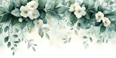 Fototapeta premium Watercolor Seamless Border with Green Leaves White Flowers Peony Rose Branches for Wedding Invitations Backgrounds Cards