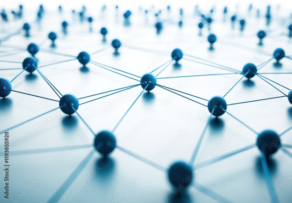 Poster abstract 3d network of blue nodes connected by lines symbolizing technology, communication, and data