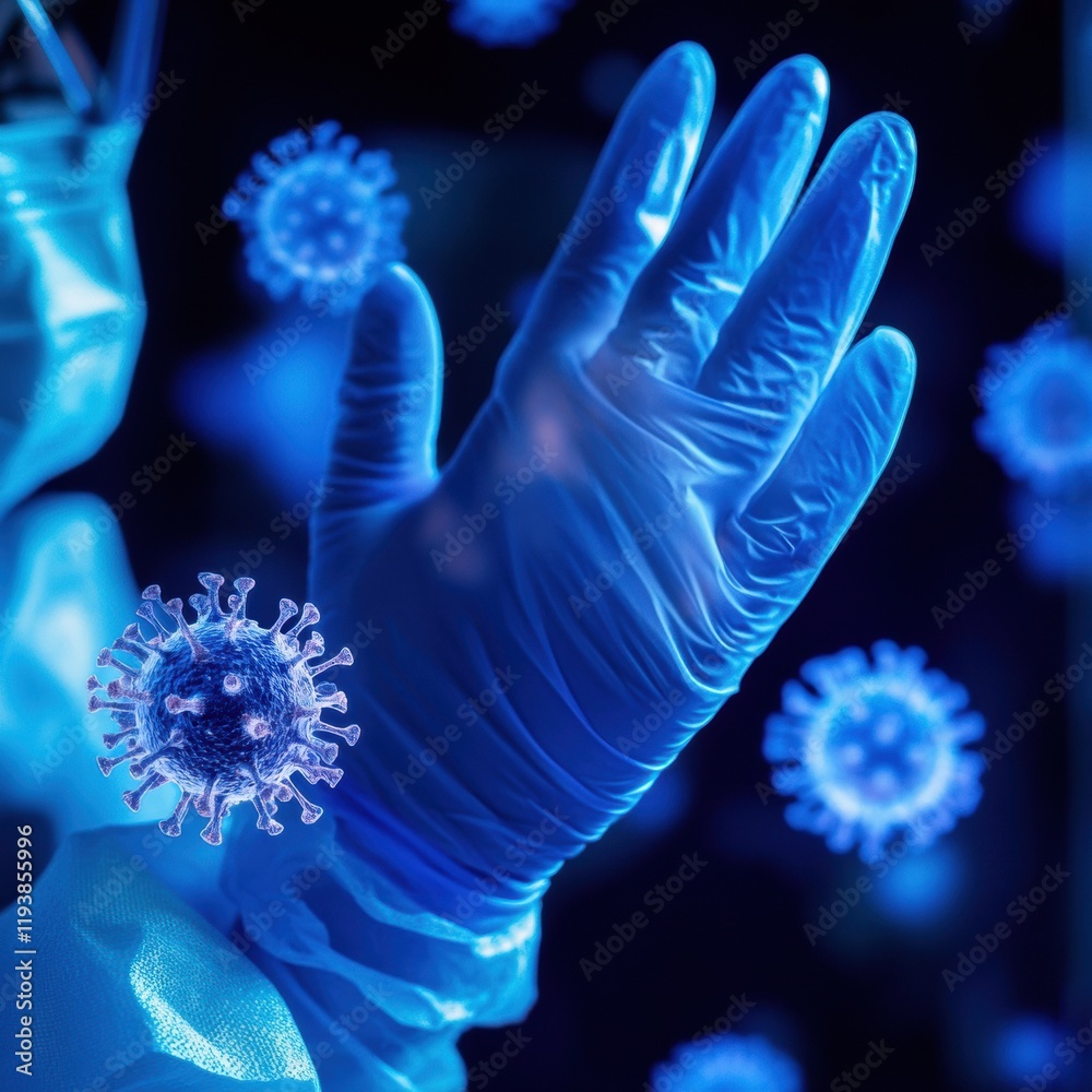 Leinwandbilder protective gloves and mask displayed with fading viruses in a scientific setting during a health cri