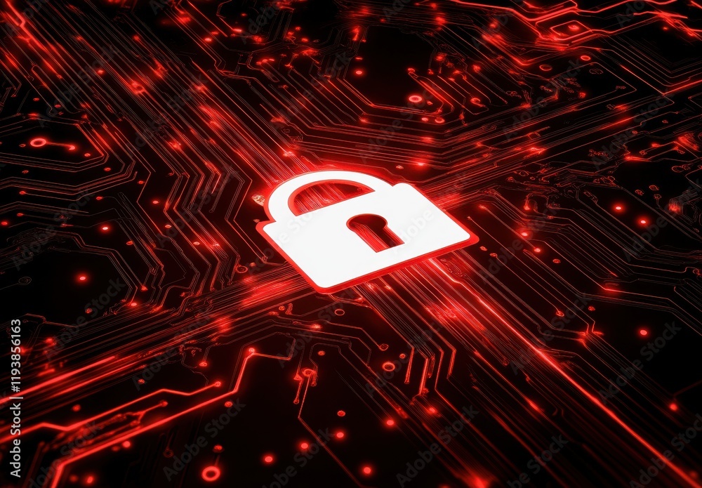 Poster abstract background featuring a digital lock symbol on a dark circuit board design with red and blac