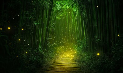 Naklejka premium Magical Bamboo Forest Path Illuminated By Fireflies