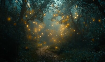Obraz premium Twinkling path through misty forest illuminated by soft golden light, morning, trees