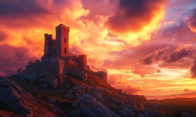 Fototapeta premium Majestic Castle on a Hilltop Against a Dramatic Sunset Sky