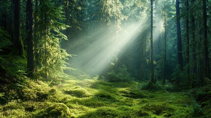 Obraz premium Sunbeams pierce a lush, mossy forest, illuminating tall trees. Perfect for illustrating tranquility, nature, or environmental themes.