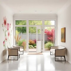 Modern waiting area with garden view and floral wall art