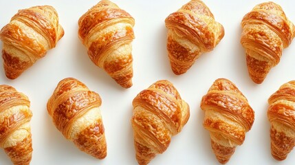 Golden-brown croissants arranged on white. Perfect for bakery, food, and breakfast themes.