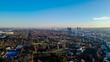 Aerial Drone Photo - Sunrise over St. Stephens Cathedral. Vienna, Austria, Prater park in Vienna