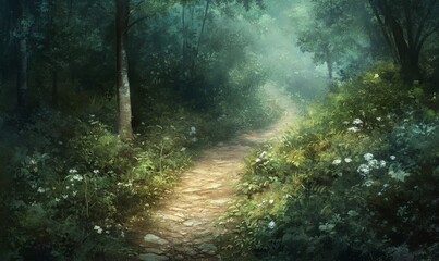 Obraz premium Overgrown dirt path winding through dense foliage, nature, overgrowth