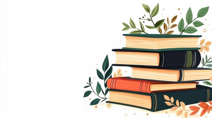 Colorful Stack of Books Surrounded by Greenery Illustrating the Joy of Reading and Knowledge in a Creative Art Style with a Light Background