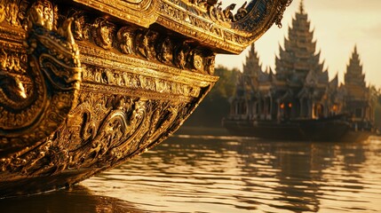 Obraz premium Ornate golden boat detail on river with temple.