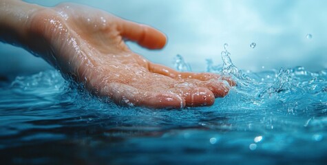 Fototapeta premium Water Pouring and Touching Hand with Clear Blue Liquid Freshness and Environmental Care Concept