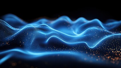Obraz premium Abstract Blue Waves with Shimmering Particles Creating a Dreamlike Scene of Fluidity and Motion in a Dark Background for Modern Design Projects