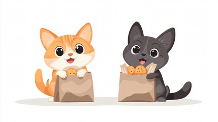 Fototapeta premium Adorable Cat and Dog Mascots with Food Bag - Wide Angle View