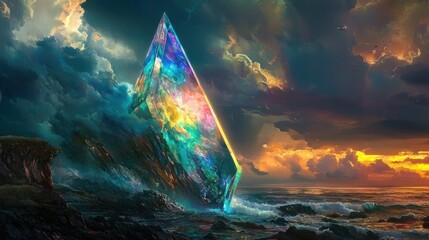 Iridescent crystal shard on a dramatic coast at sunset.