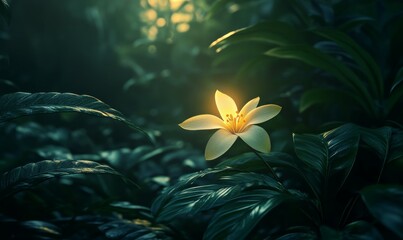 Softly glowing flower amidst lush green foliage, leaves, ambient light