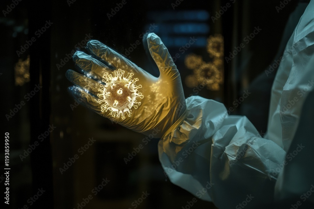 Leinwandbilder protective gloves and mask displayed among glowing representations of viruses in a laboratory settin