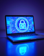 Laptop with hologram lock icon on screen for cybersecurity protection. 3D Rendering, pop-art. isolated with white highlights