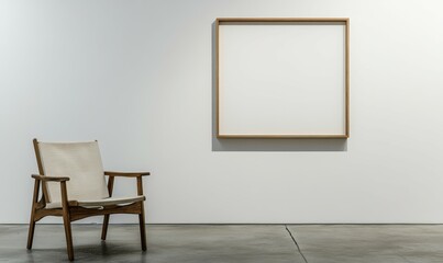 Wooden Chair and Blank Frame on White Wall
