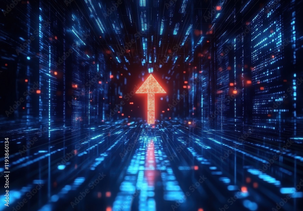 Poster abstract concept of digital transformation featuring a vibrant red upward arrow amidst a dynamic bac