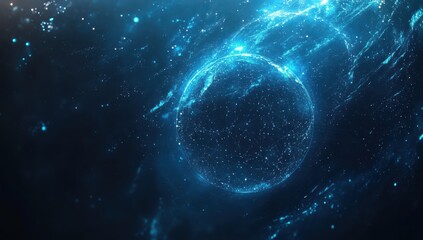 Obraz premium Abstract cosmic background featuring a luminous glowing sphere surrounded by shimmering particles and swirling wisps of light in a deep space environment
