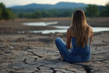 Woman sits cross-legged on cracked earth, back to camera, facing a dry landscape. Illustrates drought, loneliness, or environmental themes.