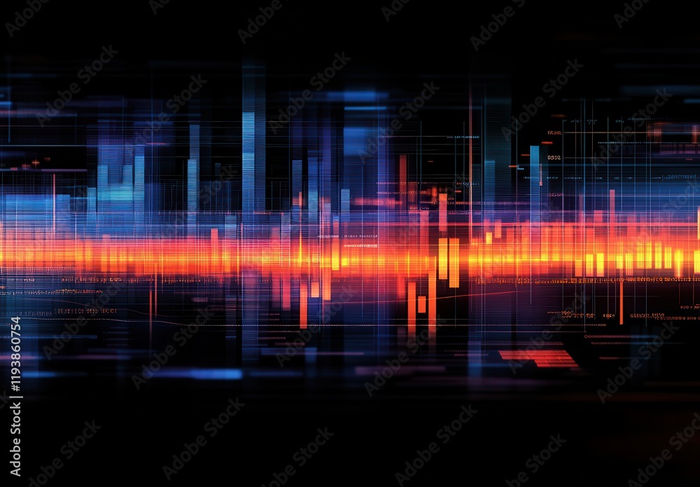 Poster abstract data visualization of digital signals with vibrant color gradients representing sound waves