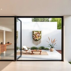 Modern Courtyard Featuring Floral Wall Hanging and Minimalist Seating