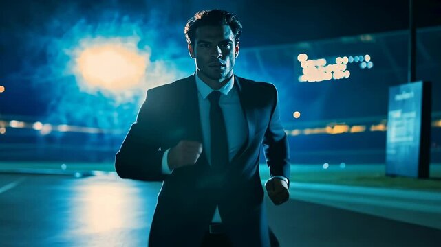 Young Caucasian man runs confidently.Suit-clad entrepreneur dashes night.Stadium lights illuminate executive.Nighttime sprint displays urgency.Action conveys power,determination.
