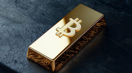 A minimalist digital gold bar featuring the Bitcoin logo, glowing vividly against a black, textured background