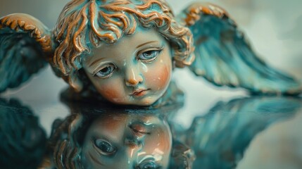 Cherubic angel figurine head with reflection.