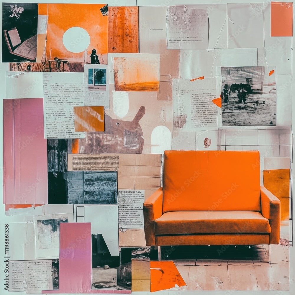 Aufkleber Collage featuring a bright orange couch amidst an array of mixed media elements in a creative setting. Generative AI