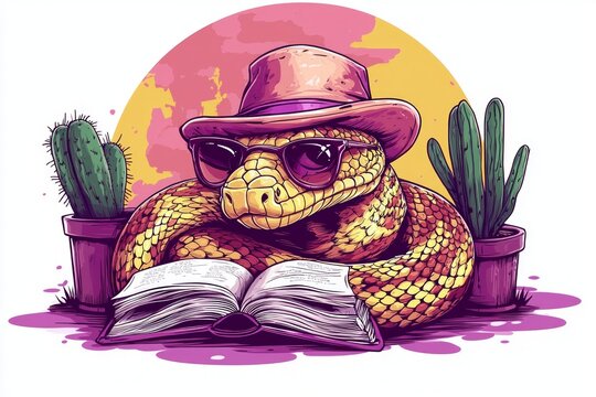 friendly cartoon snake glasses and tiny hat relaxes in cozy space coiled around open book surrounded potted cacti colorful backdrop.