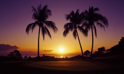 Tropical Sunset Golf Course Silhouette Scene
