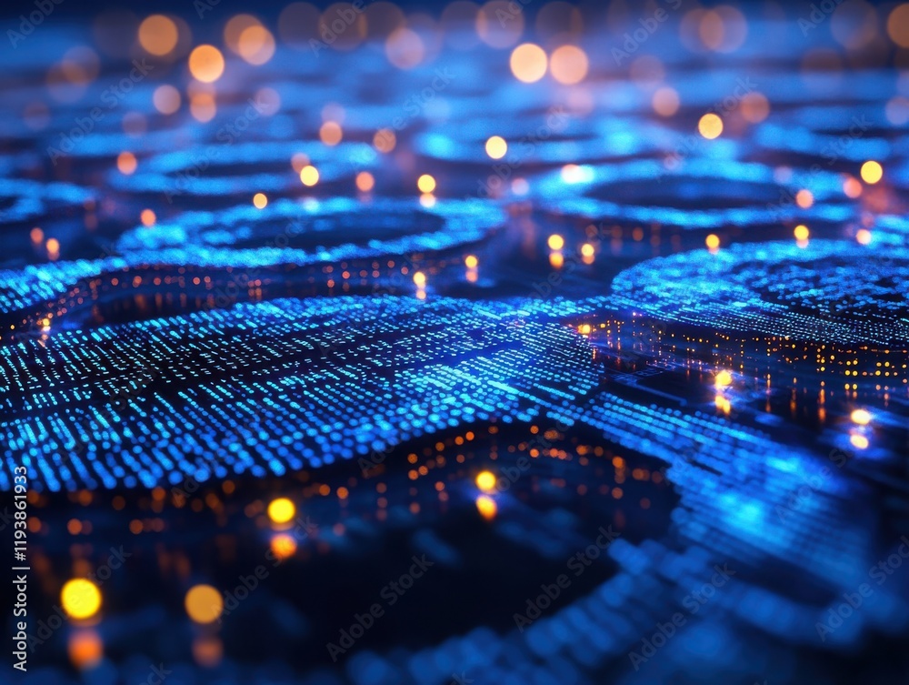 Poster abstract digital background with glowing blue circular patterns and bokeh effects representing techn
