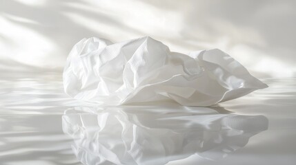 Crumpled white fabric on reflective surface.
