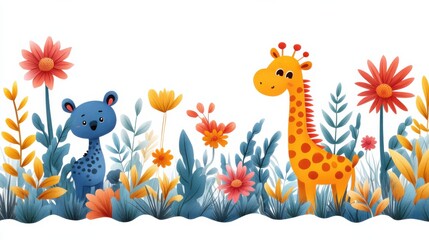 Adorable Cartoon Animals in a Vibrant Floral Landscape Featuring a Cheerful Giraffe and a Playful Leopard Surrounded by Colorful Flowers and Lush Greenery