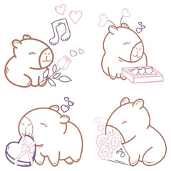 a set of four cartoon capybaras with hearts