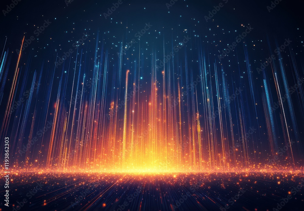 Poster abstract digital background with glowing streaks of light and sparkling particles creating a vibrant