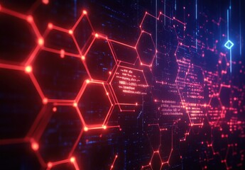 Fototapeta premium Abstract digital background with illuminated hexagons, glowing lines, and coded data design, suitable for technology, science, and cyber themes in a stock image collection
