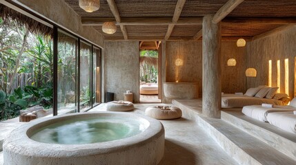 Luxurious spa with hot tub, massage beds, and natural light.