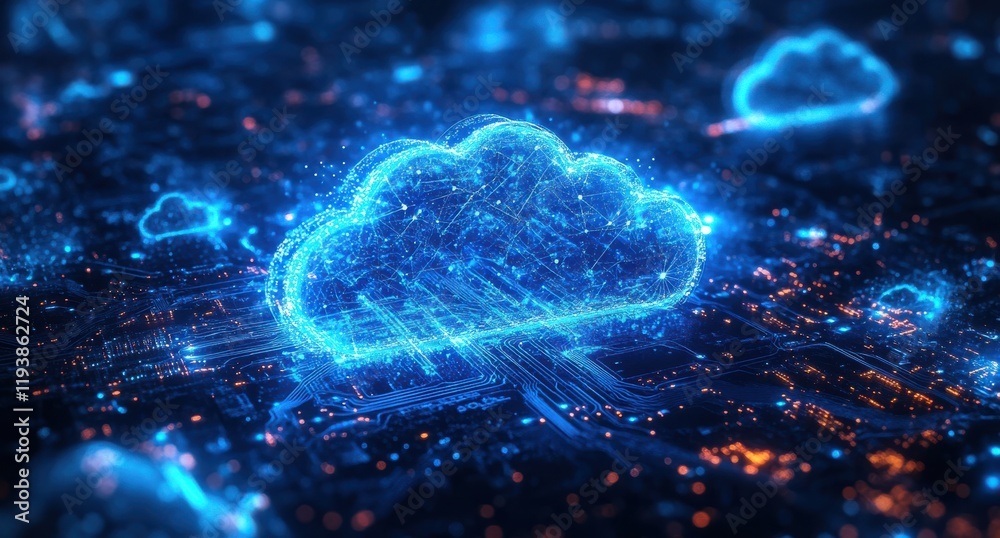 Poster abstract digital cloud computing concept with glowing blue clouds over a network of interconnected c