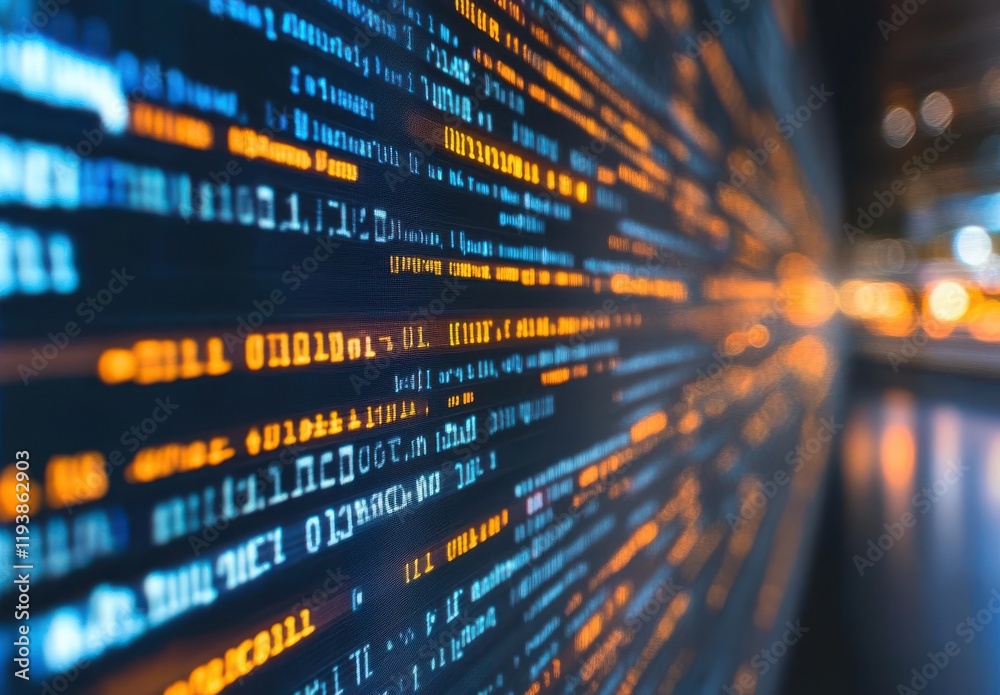 Poster abstract digital data stream with blue, orange and yellow code lines representing technology, inform