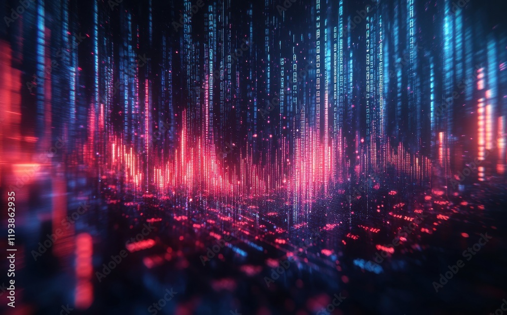 Poster abstract digital data visualization with bright red and blue light representing streaming informatio